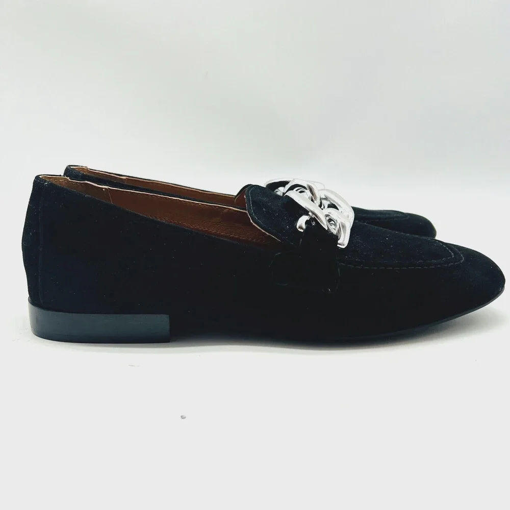 Donald Pliner Shoes Womens 7.5 Black Suede Loafer Chain Casual Chunky Bristol - Picture 3 of 12